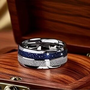 Elegant Stainless Steel Silver and Starry Sky Blue Men's Wedding Engagement Ring
